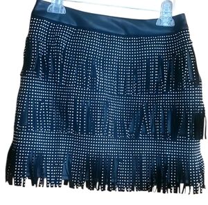 Sincerly Jules Fringed Metallic Studded Skirt Mini Black Vegan Leather Size M
